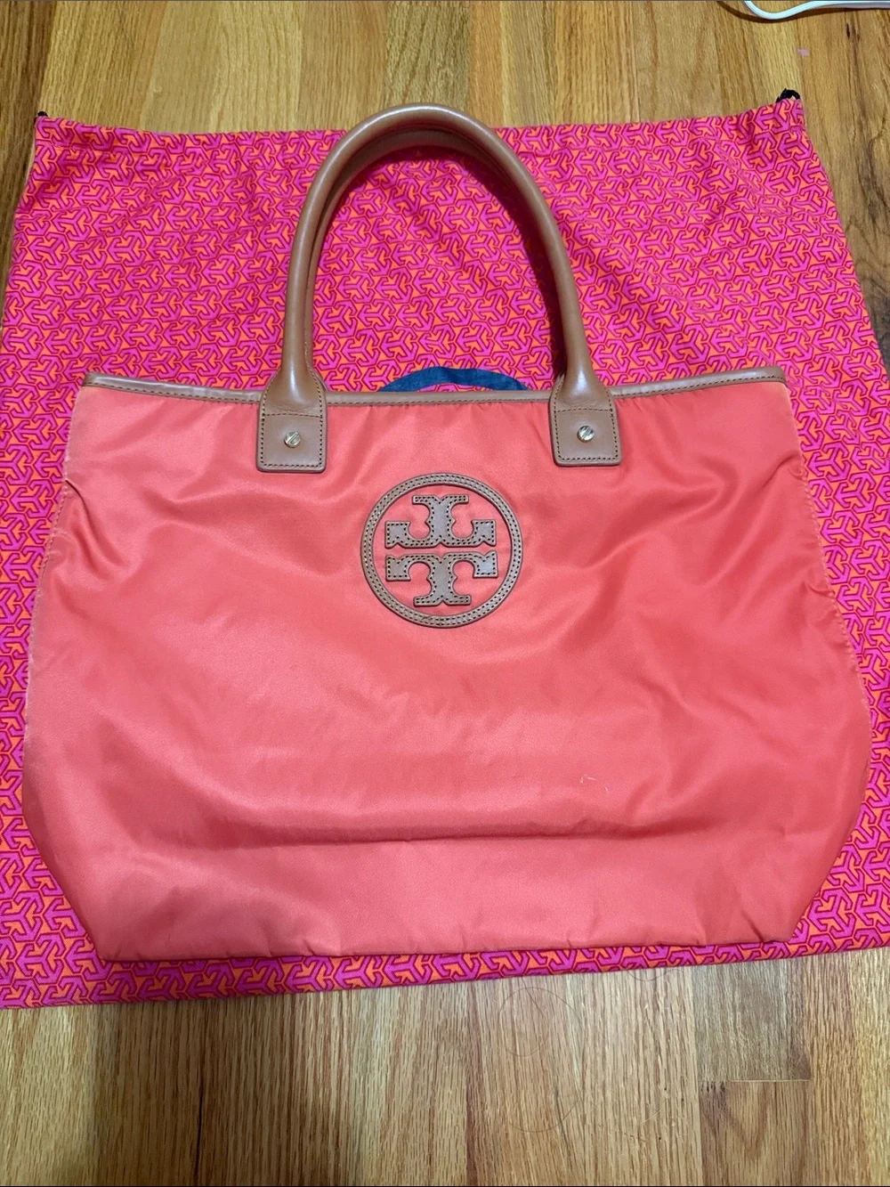 Tory Burch Coral Nylon Tote with Tan Leather Handles